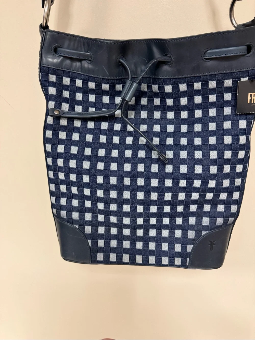 Frye Navy Denim Check Drawstring Hobo